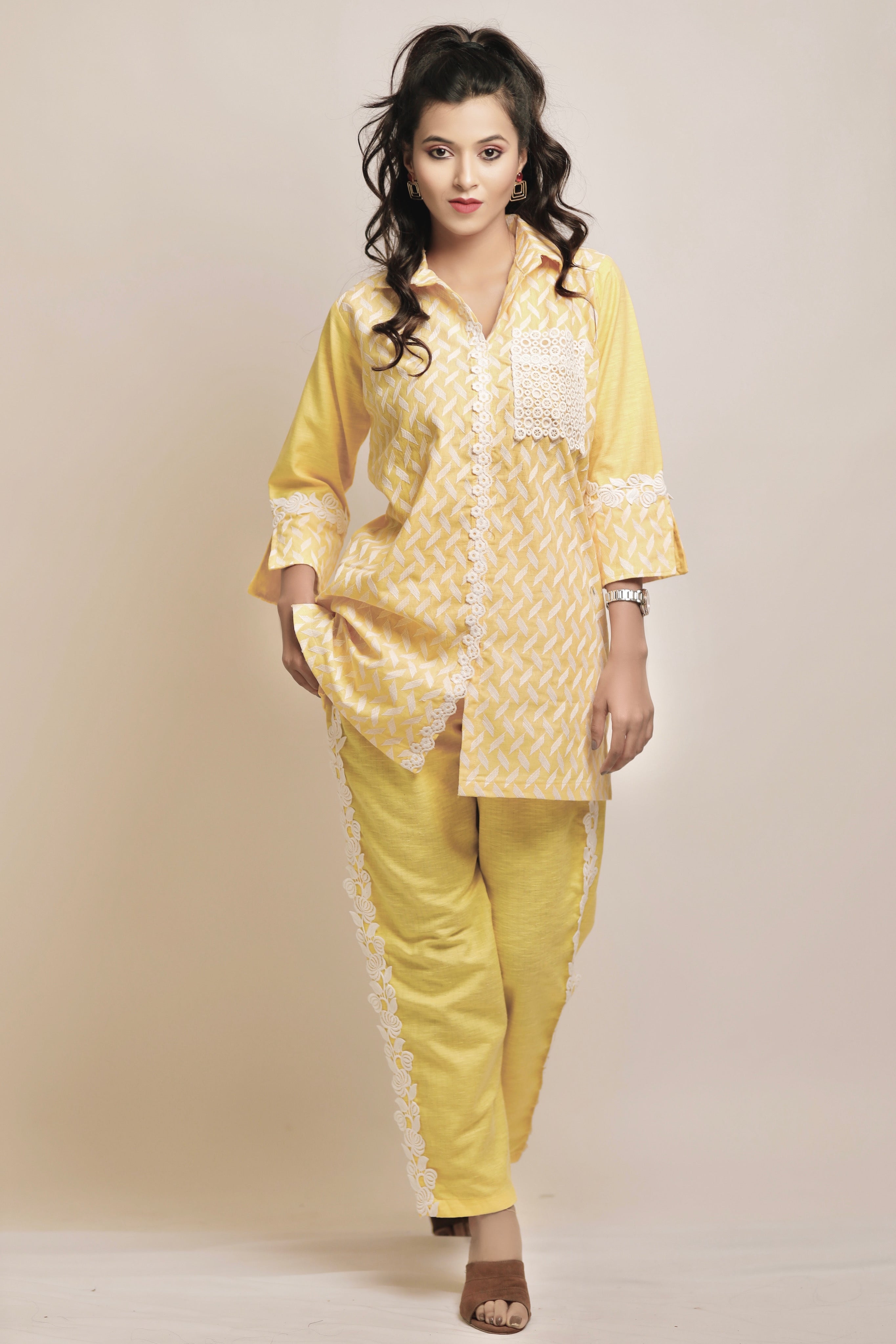 Butter yellow embroidered co-ord set