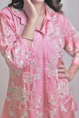 Blush pink handcrafted detailed shirt with brazillian pants.