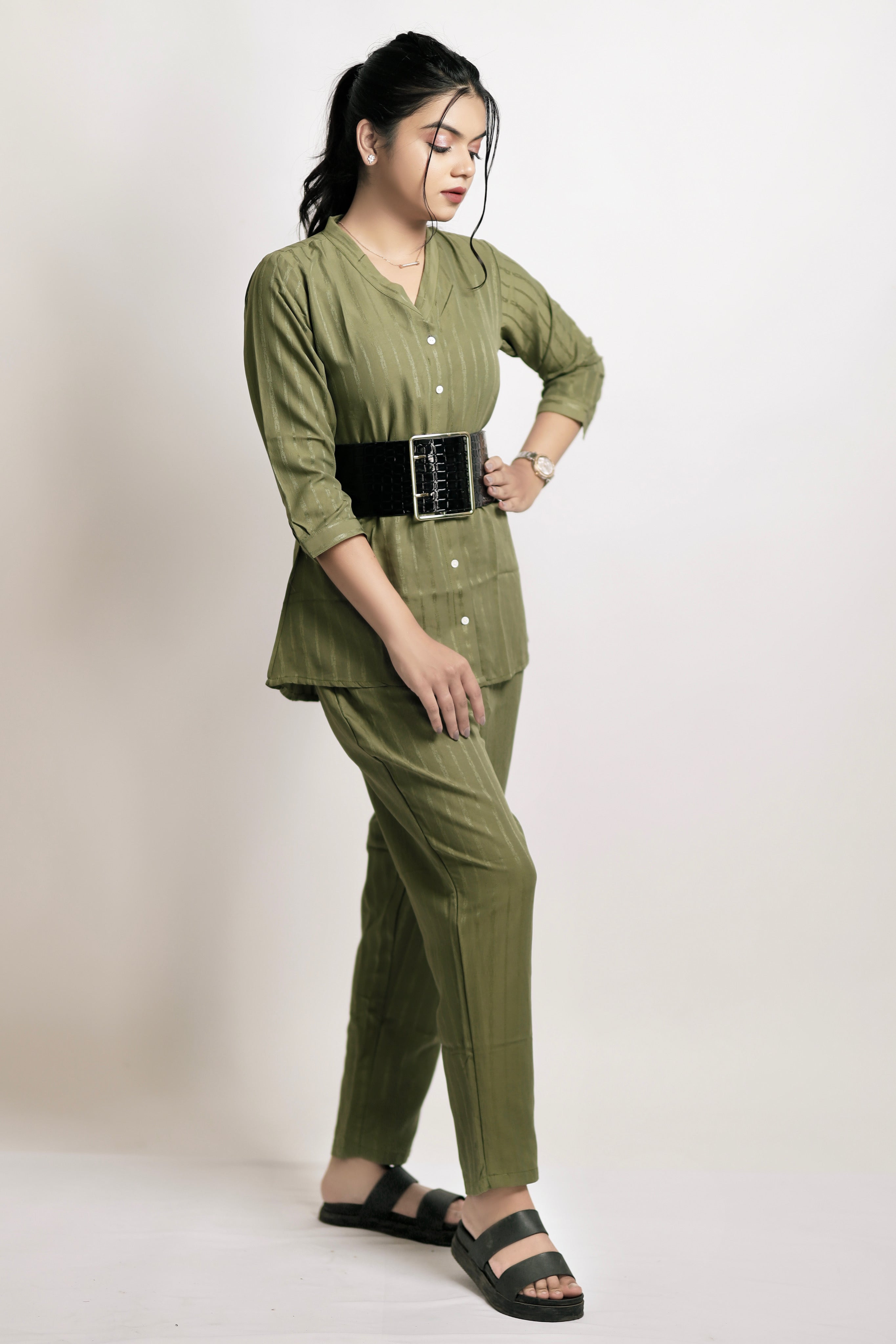 Striped olive green co-ord set. (Without belt)